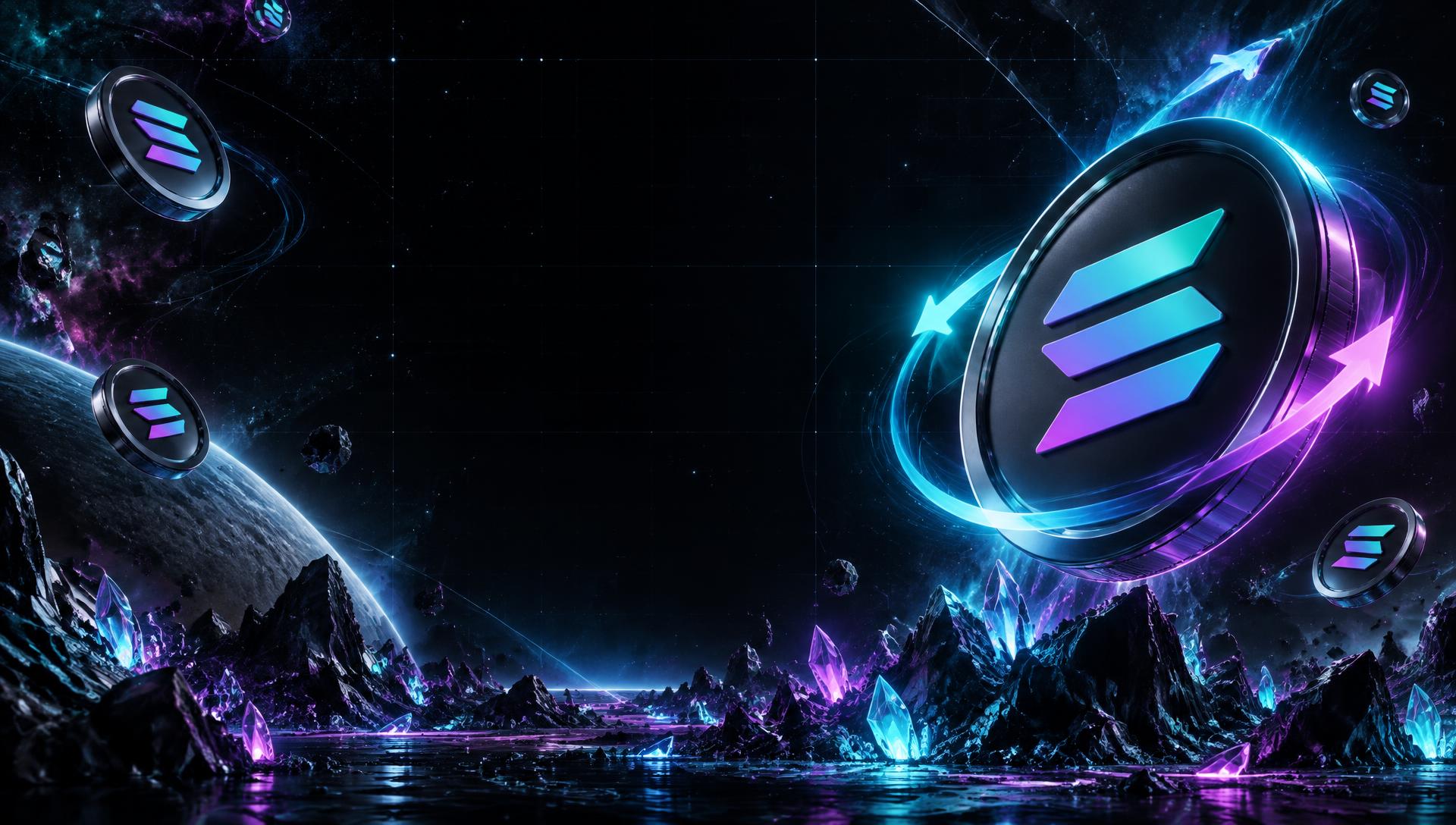 Solana tokens orbiting above a crystalline landscape